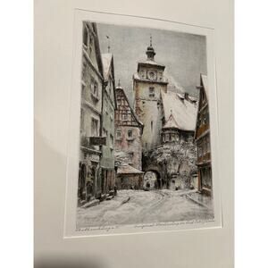 Signed Color Etching Vintage Paul Geisseler Winter View Of Rothenberg